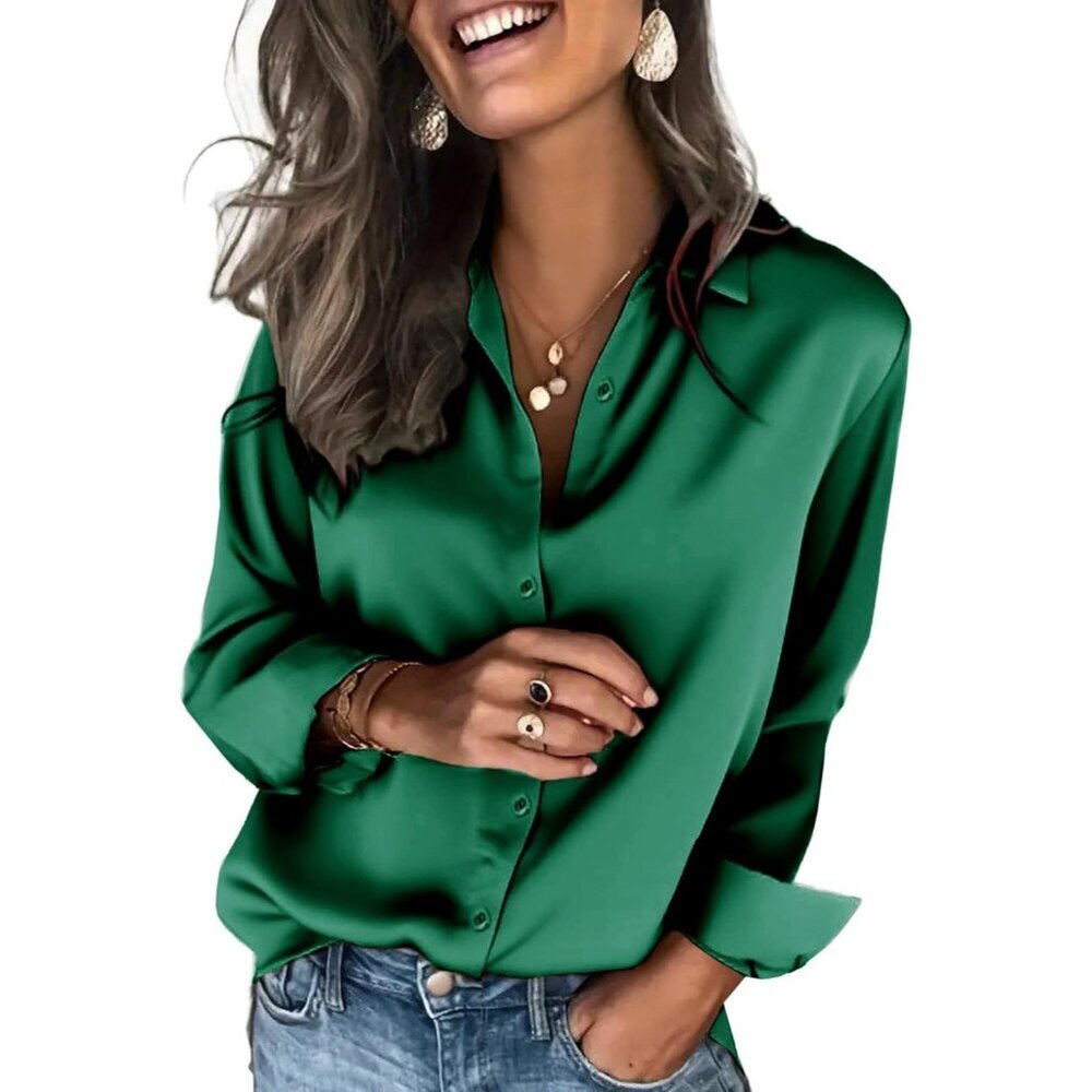 Satin Evergreen Blouses For Women Silk Button Shirts Long Casual Tops